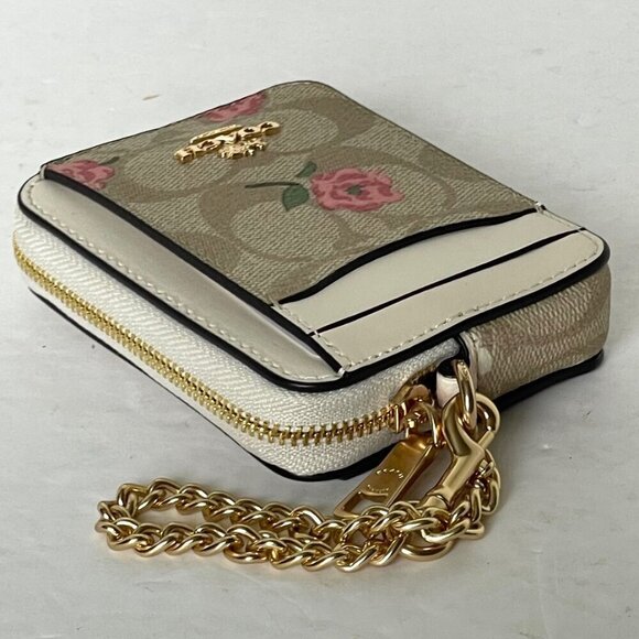 Coach Zip Card Case Pink Floral CR971 ID Wallet Beige Canvas Leather Chain Strap - Picture 7 of 8